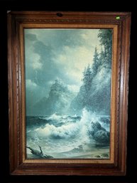 Large Vintage Framed Textured Print Of Waves Crashing On Tree Lined Shore, 32.5' X 44.5'H