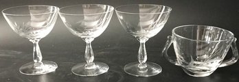 Three Vintage Etched Glass Stemmed Champagne Glasses, Foliage Design, And Matching Sugar Bowl With Handles