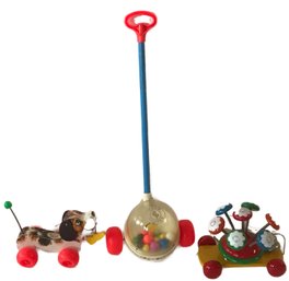 3 Pcs Children's Push Or Pull Toys, Fisher-Price Corn Popper, FP Little Snoopy, Kaounalias Greek Mushroom Toy