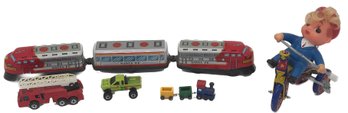 Vintage Children's Toys, Tin Train, Mini Wooden Train, Matchbox Fire Engine , Hotwheels Car & Boy On Tryke