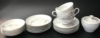 21 Pcs Porcelain Dinnerware, 'Cherry Blossom', Japan, Silver Rimmed