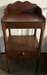 Antique Lamp Stand On Turned Legs With Shelf And Single Drawer, And Shaped Back & Sides, 16.5' X 15' X 34.5'H