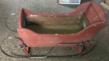 Antique Red Painted Decorative Copper Lined Sleigh On Risers With Wrought Metal Runners, 36' X 15.5' X 19