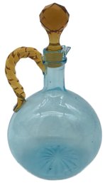 Fabulous Antique Pale Blue Ewer Pitcher With Twisted Amber Applied Handle And Amber Faceted Stopper