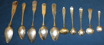 Lot Of Ten Silver Spoons - 5 Teaspoon Or Larger - 5 Smaller - Salt Size - All With Marks