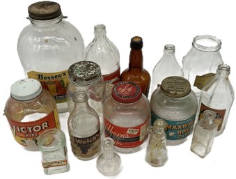 15 Pcs Vintage Glass Bottles & Jars, Aborn's Coffee, Maxwell House Coffee, Bessey's Cider & Others