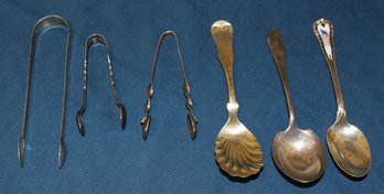 Lot Of Six Items - 3 Spoons & 3 Tongs - All Marked Sterling Or With British Sterling Hallmark (lion) - 4.7 Ozt