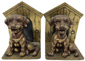 Vintage Pair Brass Dog & Doghouse Bookends
