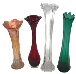 Vintage Collection Of 4 Similar Tall Floral Vases Including Carnival Glass, Green, Red And Clear