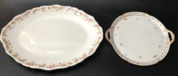 2 Pcs Vintage Porcelain Serving Pieces, 1-Oval Platter 11-1/8' X 11' & Pierced Handled Dessert Tray
