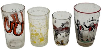 4 Pcs Vintage Decorated Drinking Glasses, The Flintstones, Pheasant And Others