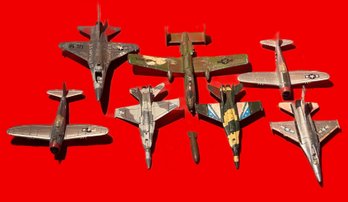 7 Pcs Vintage Toy Cast Metal Military Fighter Jets & Planes, Most Embossed 'Road Champs', Largest 6.5'L