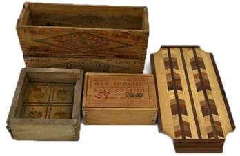 5 Pcs Vintage Wooden Treenware, 2-Diamond Brand Cream Cheese Wood Boxes, Salt-Cod, Butter Mold & Cheese Board