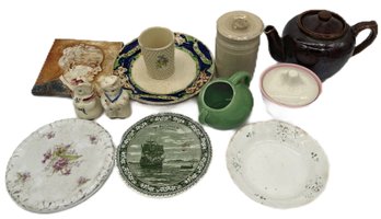 13 Pcs Vintage Porcelain & Ceramic Wares, Mayflower Plated Dated 1906, 6' Diam.