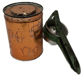 2 Pcs Vintage  MCM Copper Color Coffee Storage Can & Hand Held Juicer