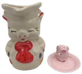 2 Pcs Vintage Table Top Ceramics, 1 Pig Creamer Pitcher And 1 Pink Pig Tea Bag Holder