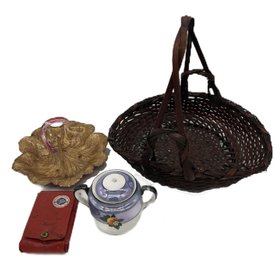4 Pcs Unrelated Items, Divided Leaf Candy Dish, Basket Sewing Kit & Lusterware Covered Sugar Bowl