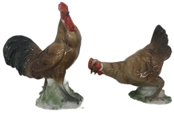 Matched Pair Vintage German Ceramic Hand-Painted Rooster And Pecking Hen