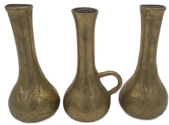 Vintage/Antique 3 Pcs Very Heavy Cast Brass Bud Vases, 2 Matching, 1 Similar