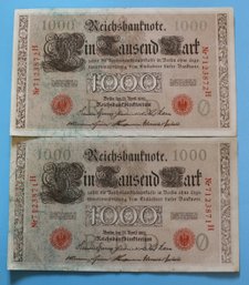 Two Uncirculated - Consecutive Serial Number - German Reichsbanknote 1000 Marks From 1910
