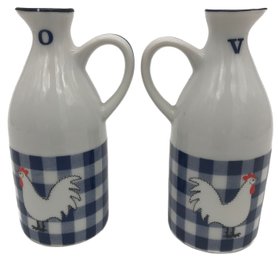 Pair 20thC Ceramic Blue & White Plaid Chicken Themed Oil & Vinager Ewers