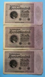 Three 1923 German Reichsbanknote Of 100000 Mark Denomination - Very Good Condition