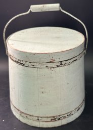 Vintage Treenware Firkin No. 20 Painted White Over Original Red Paint, 11' Diam. X 9-7/8'H To Lid Rim