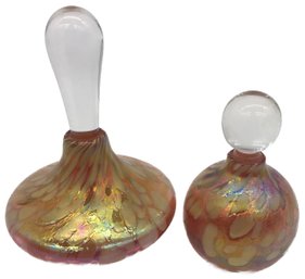 Stunning Matched Pair Signed 2007 Iridescent Luster Art Glass Perfume Bottles With Long Stoppers