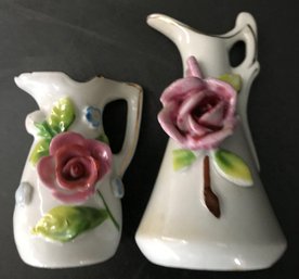 2 Pcs Marked OCCUPIED JAPAN Miniature Pitchers With Applied Flowers, Tallest 3.5'H