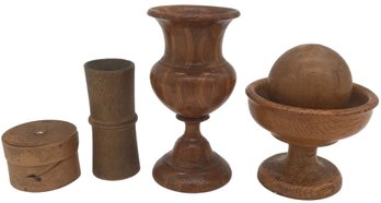 Incredible 5 Pcs Collection Of Small Hand Wrought Treenware Including Turned Vase, And Hand Carved Items