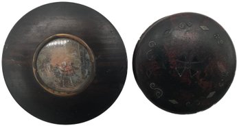 Exceptional 18thC Pair Similar Hand-Carved Lidded Compacts, 1-With Enameled Brass Disc, 1 With Inlaid Design