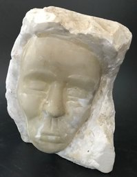 1988 W. Hellinx Signed HEAVY, Nicely Carved Stone Face Of Sleeping Man (White Alabaster) 5.5' X 4' X 6.75'H