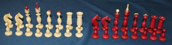 Thirty-two (32) Piece Chess Set In Wood Box - Made From Natural And Stained 'BONE'(?)