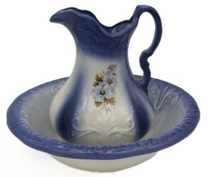 Reproduction Ceramic Wash Bowl 16' Diam. & Pitcher 12'H, White & Navy With Floral Design