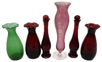 6 Pcs Vintage Glassware, 3 Similar Vases, 1-Etched Vase, 1-1/8'H & 2 Bottles With Stoppers