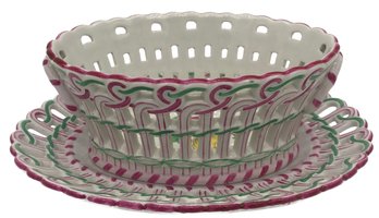 Sumptous Vintage French (KG) LUNVILLE / KELLER AND GURIN POTTERY Reticulated Fruit Basket & Tray