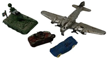 4 Pcs Vintage Cast Toys, Metal Tank & Plane And Plastic Tank & Race Car