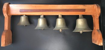 Vintage Set Of Four (4) Graduated Bells Hung From Wooded Stand, 26.5' X 4.25' X 11.75'H