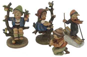 4 Pcs Vintage Hummels - Apple Tree Boy, 6.5'H, Little Tooter Boy, Apple Tree Girl & Skier Boy
