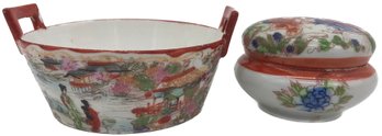 Vintage 2 Pcs Matching Design Japanese Export Hand-Painted Porcelain Server With Handles & Dresser Box