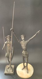 2 Similar Vintage Don Quixote Sculptures 1-Metal On Marble Base & 1-Wooden, Tallest To Spear Tip 31'H
