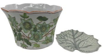 2 Pcs Vintage Porcelain 1-Chinese Oval Scalloped Rib Flower Pot And 1-Leaf Plate Signed Artisian Tortu Paris