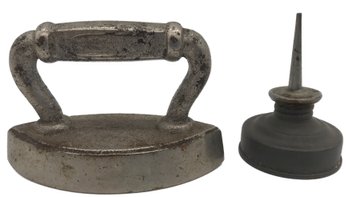 2 Pcs Antique Miniature Sad Iron And Miniture Tin Pum Oil Can