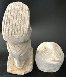 2 Pcs Similar Carved Stone Alien Looking Heads, Tallest 9'