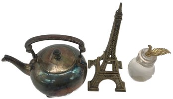 3 Pcs Misc Table Top Items, Eiffel Tour, Silver Plated 3-Footed Tea Pot And Crystal & Bronze Apple Paperweight