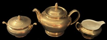 3 Pcs Geo. H. Bowman & Sons Etched Gold Eggshell Nautilus Teapot, 9' X 7' Diam. X 7'H, Creamer & Covered Sugar