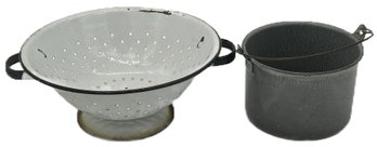 2 Pcs Vintage Porcelain Ware, White & Black Colander And Gray Pot With Bail Handle