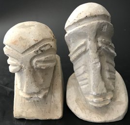 2 Pcs Similar Carved Stone Alien Looking Heads, Tallest 4.75'