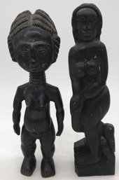 2 Pcs Similar Carved Wooden Statues Of Nude Females 1-African & 1- Possibly Polynesian , Tallest 13'