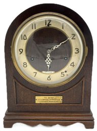 Vintage Set Thomas Mahogony Dome Mantal Clock With Presentation Plaque, 8-3/8' X 11'H